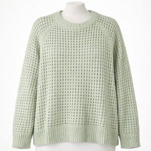 $145 Oversized Sage Green Open Waffle Knit Cotton Crewneck Sweater Raglan L
